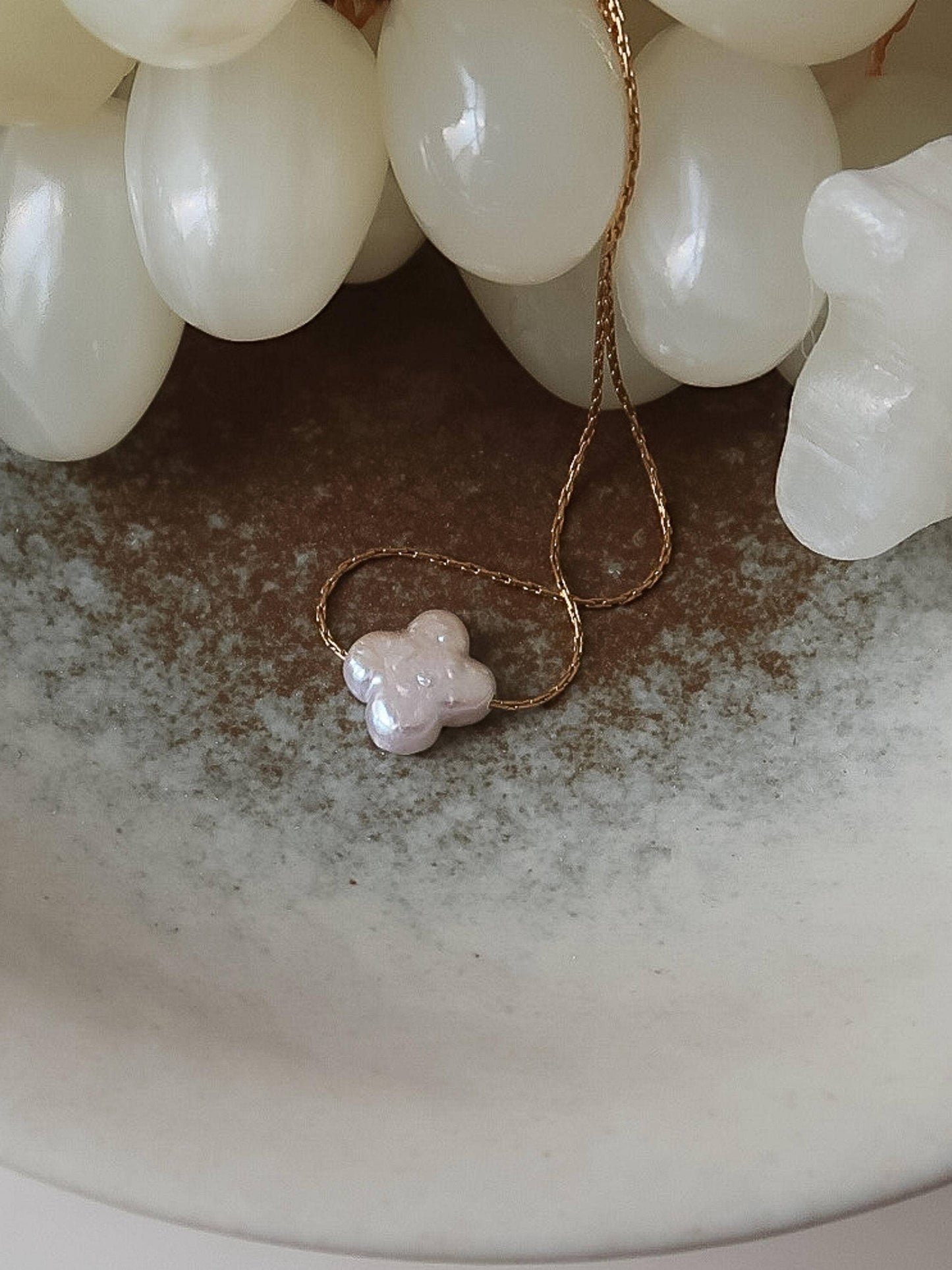 18K Gold Non-Tarnish Freshwater Pearl Clover, Heart Necklace