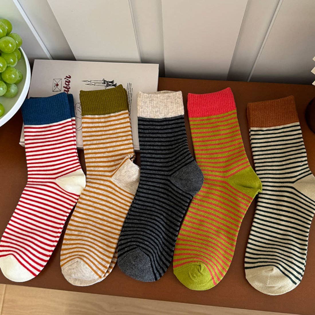 Rufia - Colorful Striped Mid-Calf Socks for Autumn-Winter: Grey / One Size