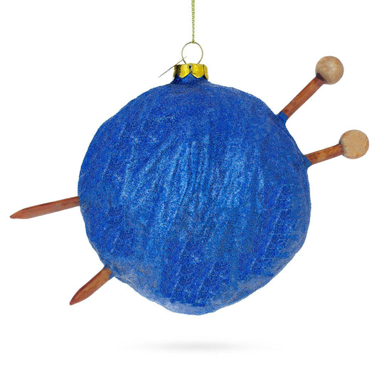 Blue Yarn Ball and Sticks Glass Ornament
