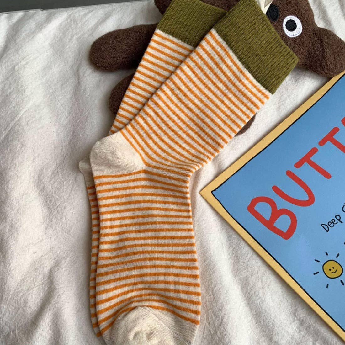 Rufia - Colorful Striped Mid-Calf Socks for Autumn-Winter: Grey / One Size