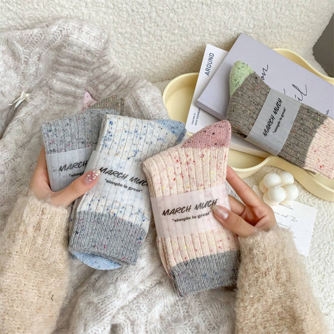 Rufia - Color Block Polka Dot Thermal Mid-Calf Socks