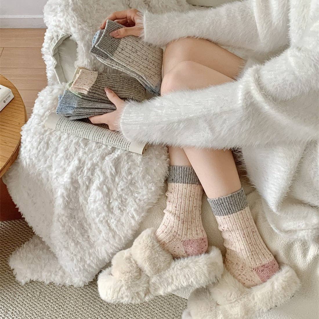 Rufia - Color Block Polka Dot Thermal Mid-Calf Socks