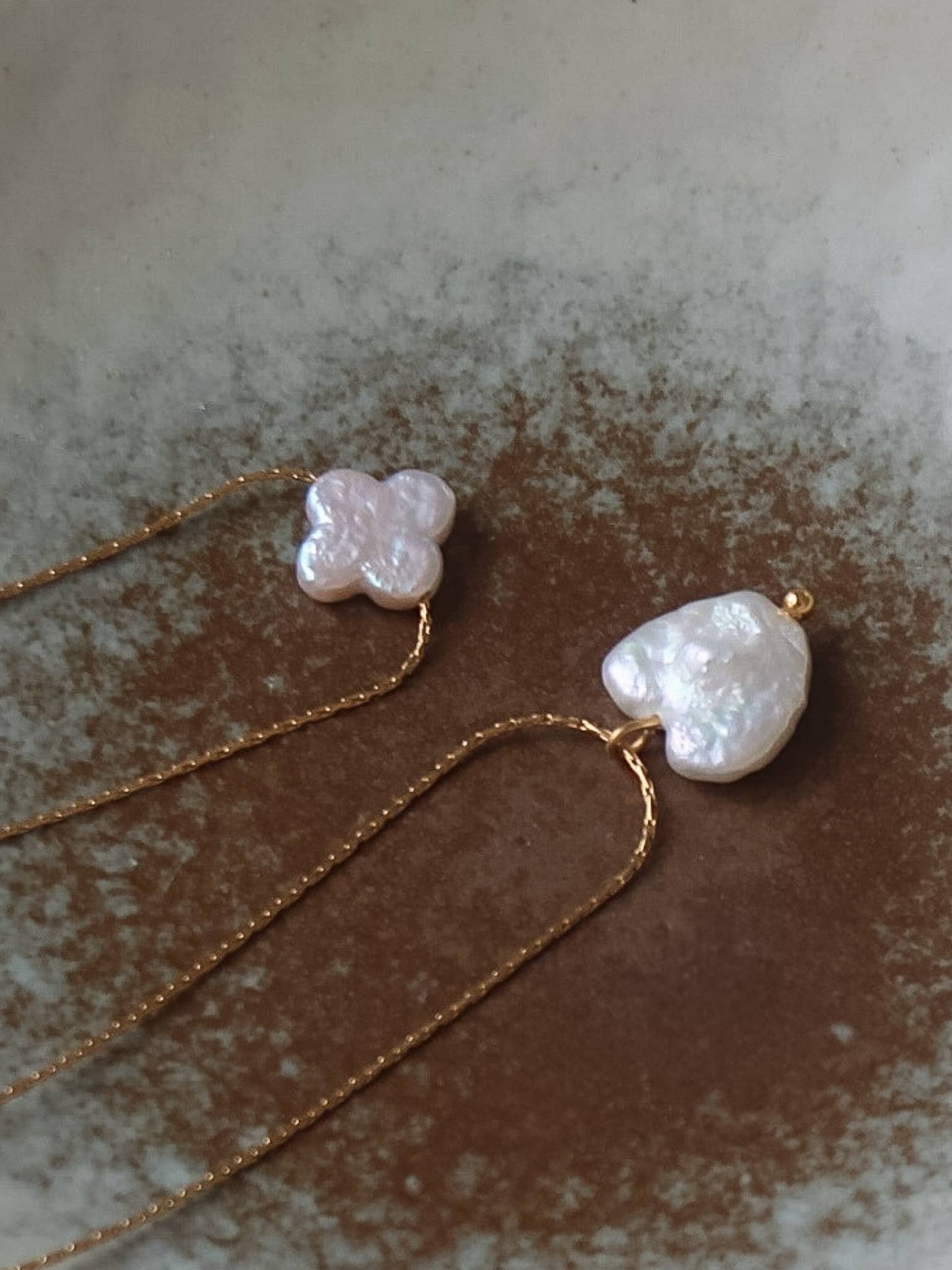 18K Gold Non-Tarnish Freshwater Pearl Clover, Heart Necklace